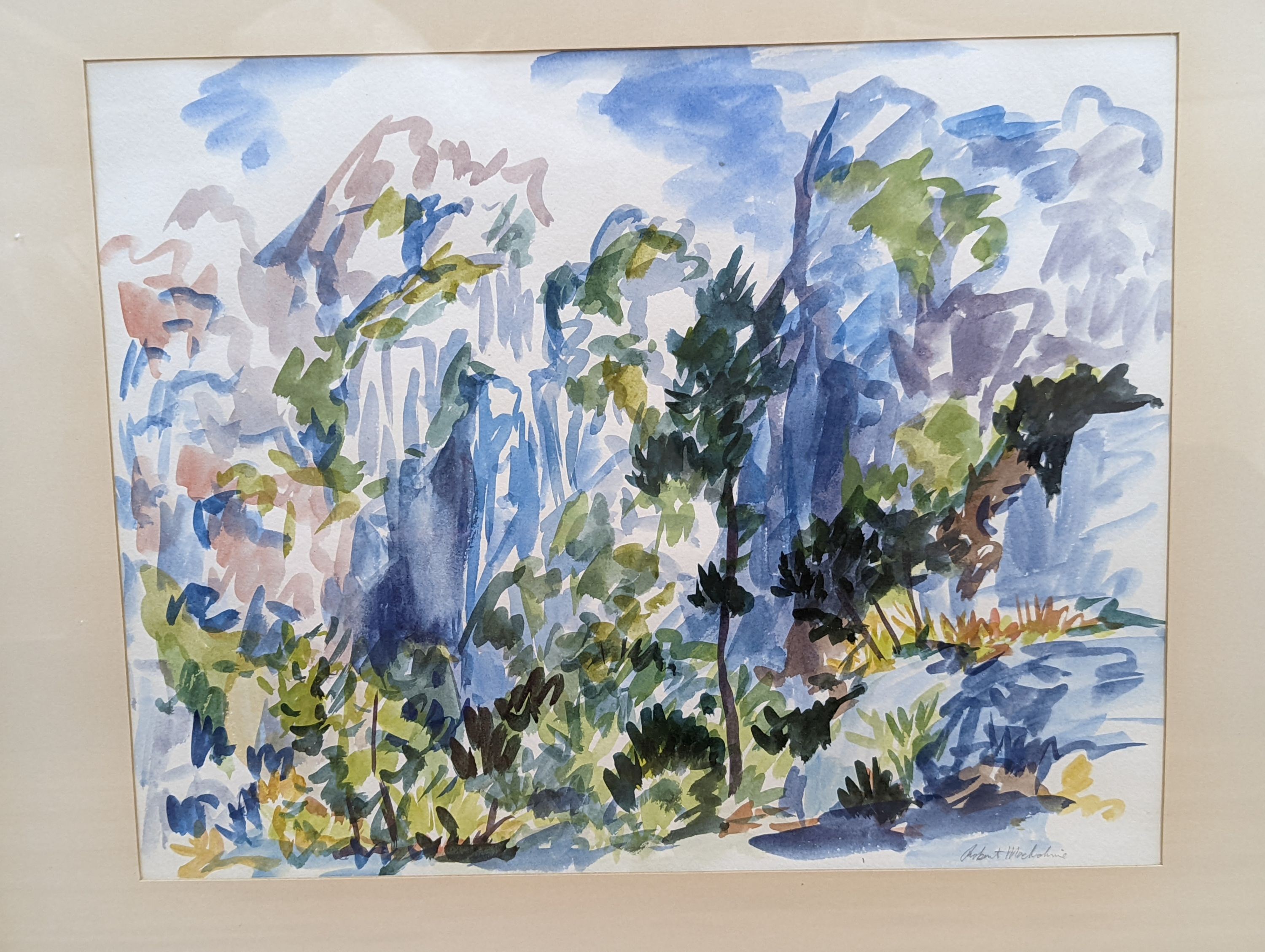 Robert Mackechnie, R.B.A. (1894-1975), two watercolours, 'In the Mountains' and 'Shore scene, Iona', signed with labels verso, 33 x 45cm